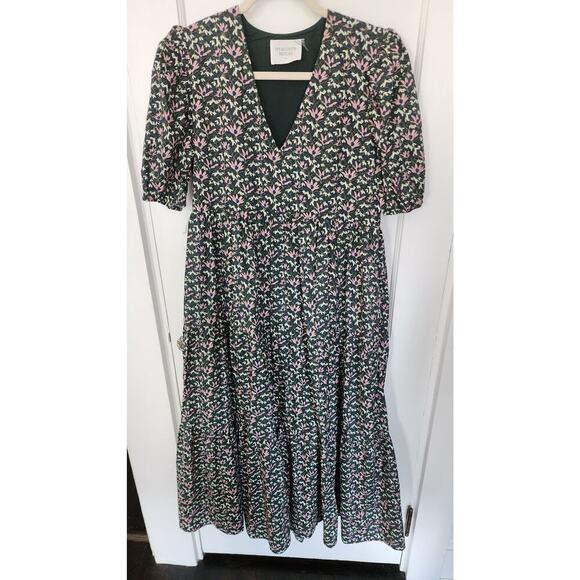 Tuckernuck Hyacinth House Green & Pink Floral Tiered Sadie Midi Dress Sz S - Picture 5 of 8